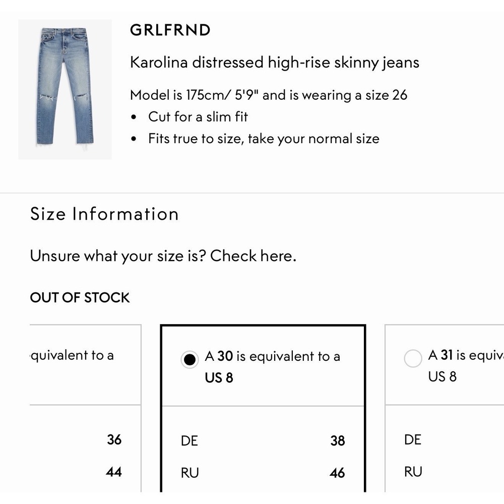 GRLFRND Sz 30 Karolina Distressed High‎ Waisted Skinny Jeans Button Front - Picture 9 of 9